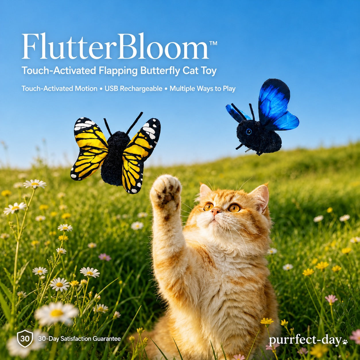Tabby cat watching the FlutterBloom flapping butterfly cat toy