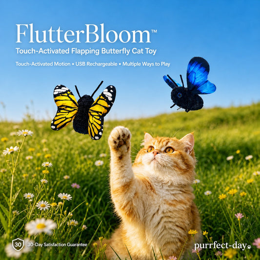 Tabby cat watching the FlutterBloom flapping butterfly cat toy