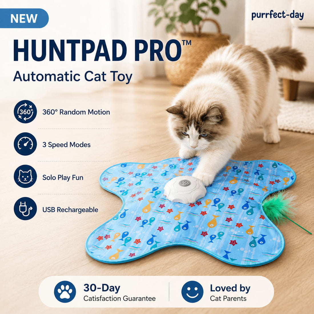 HuntPad Pro automatic cat toy set up for low-to-the-ground hunting play