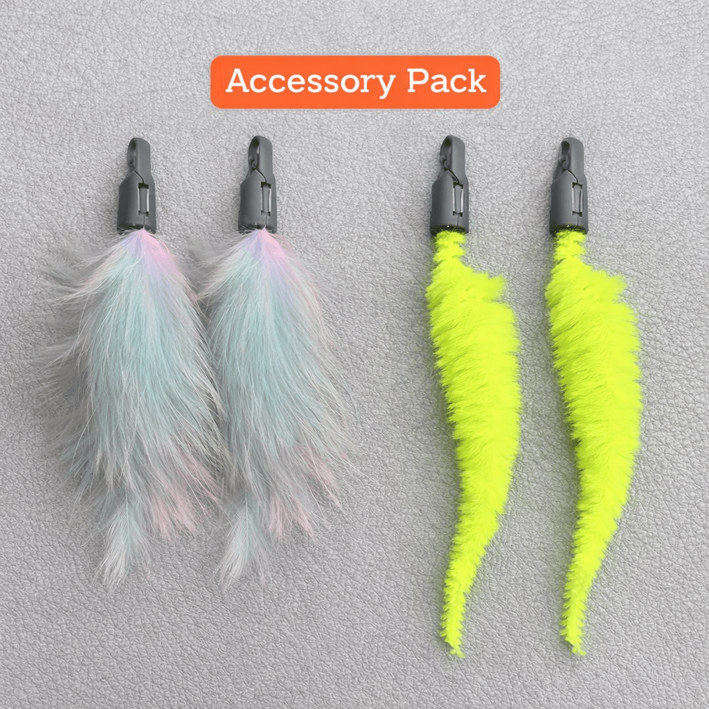 Accessory pack with two replacement feathers and two yellow tails for cat toys