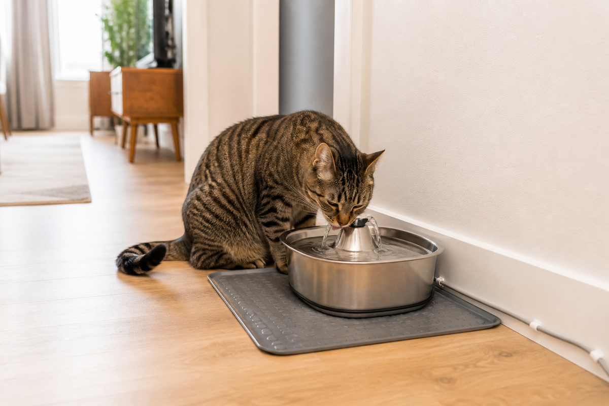 Tabby cat drinking from a water fountain placed on a level mat in a quiet apartment corner