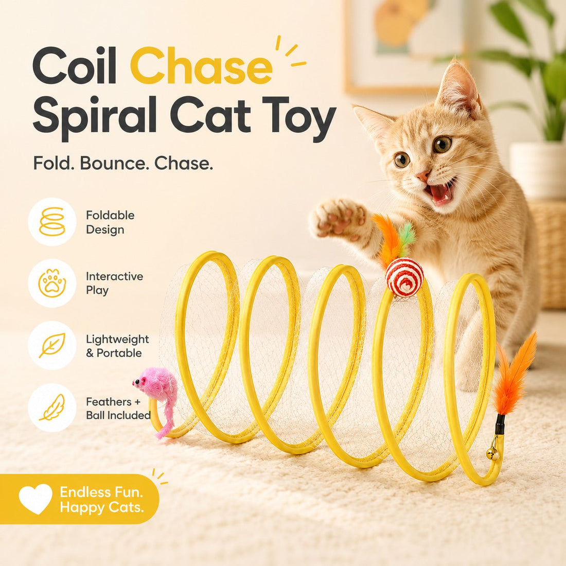 Yellow Coil Chase foldable spiral cat toy opened for play