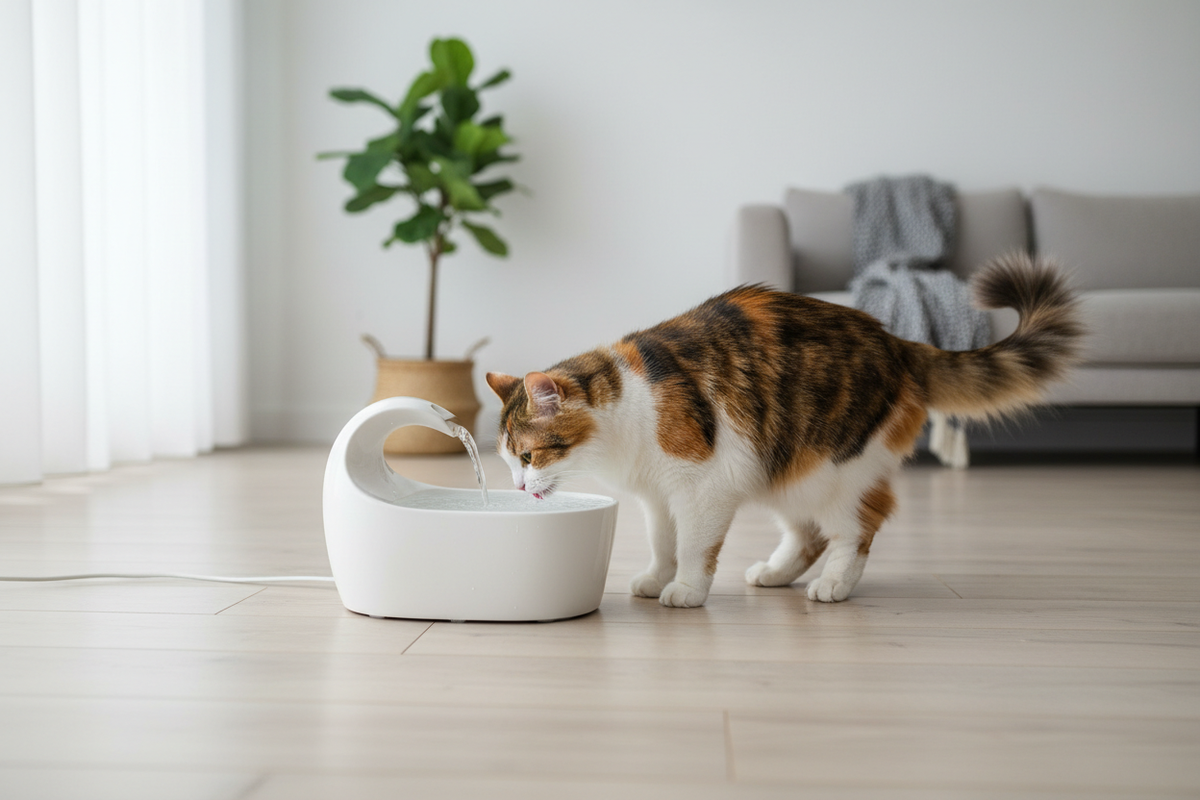 Calico cat drinking from a white fountain in a living room; illustrative setup