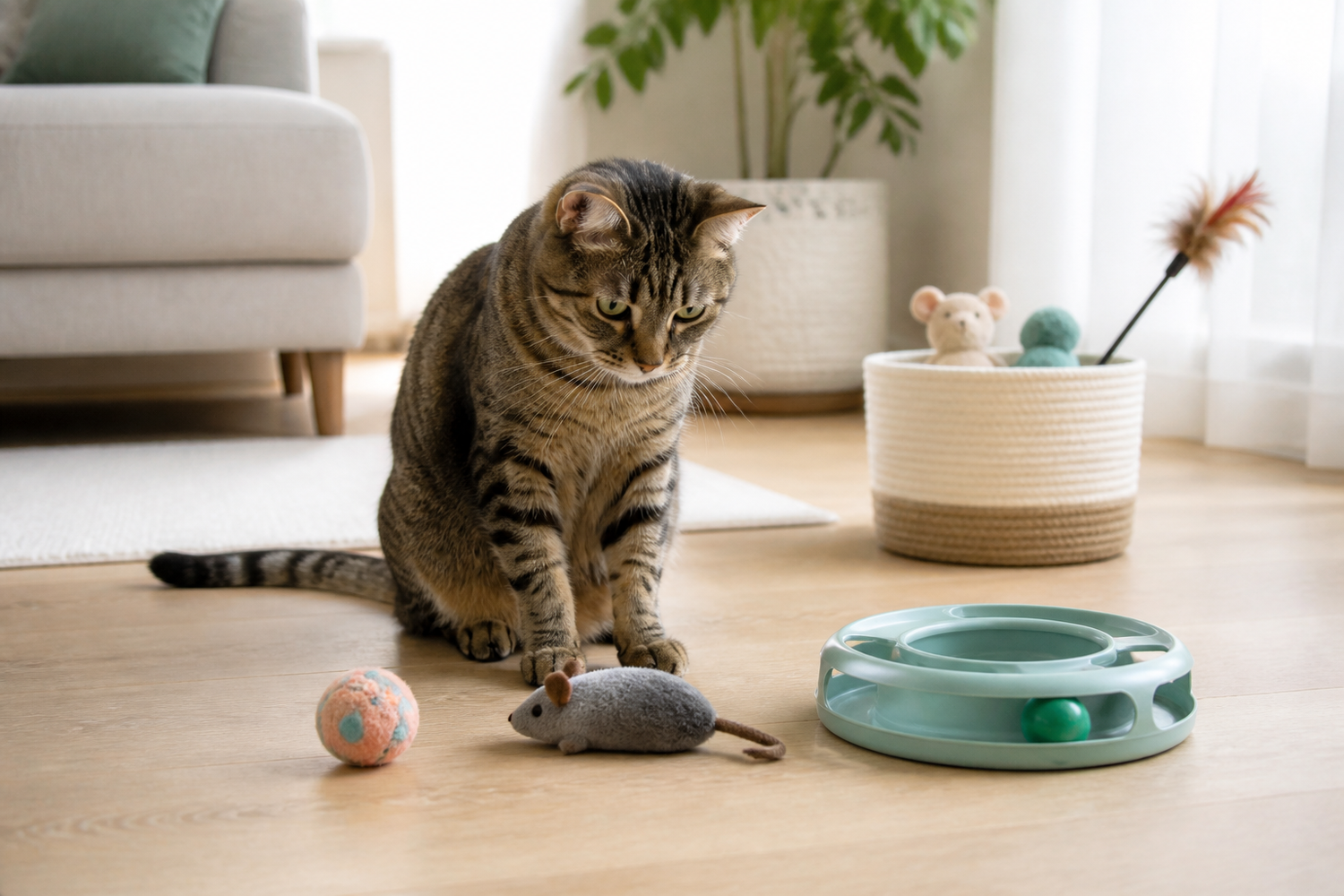 Tabby cat choosing among a ball, plush mouse and track toy in a tidy living room