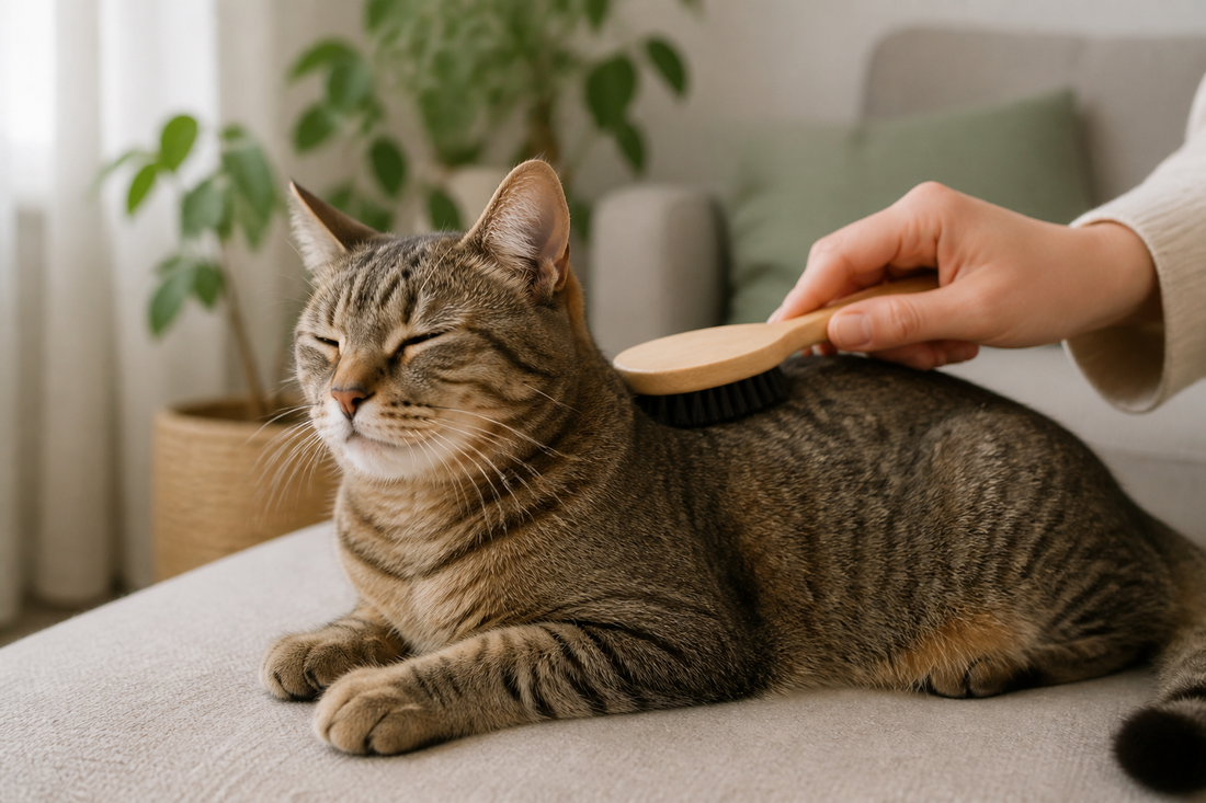 Relaxed tabby cat receiving a gentle brushing session at home