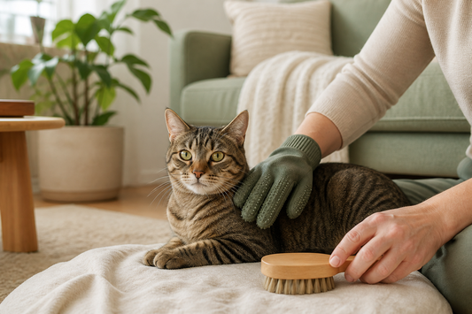 Relaxed tabby cat during a gentle at-home deshedding session