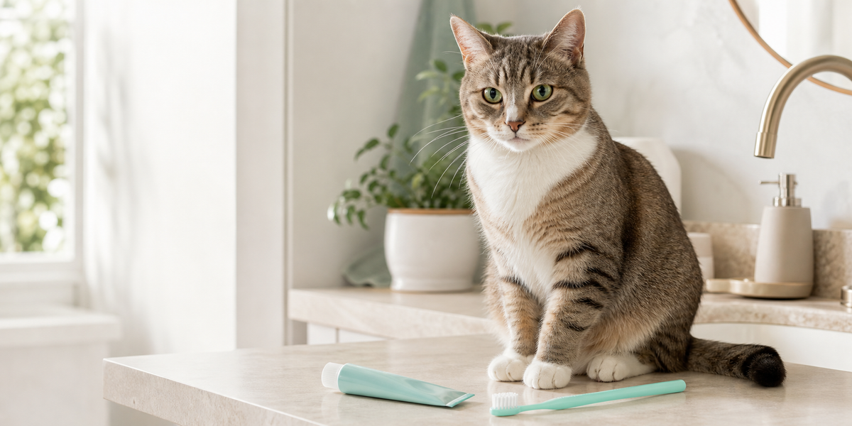 Cat beside a pet toothbrush and cat toothpaste for an at-home dental care guide
