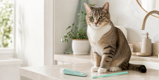 Cat beside a pet toothbrush and cat toothpaste for an at-home dental care guide