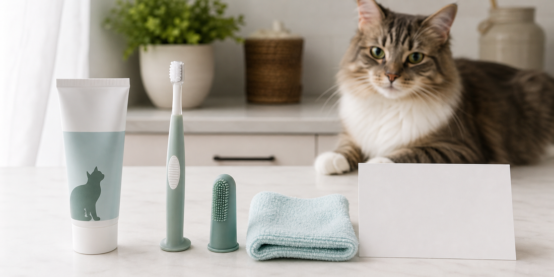 At-home cat dental tools arranged beside a blank appointment card