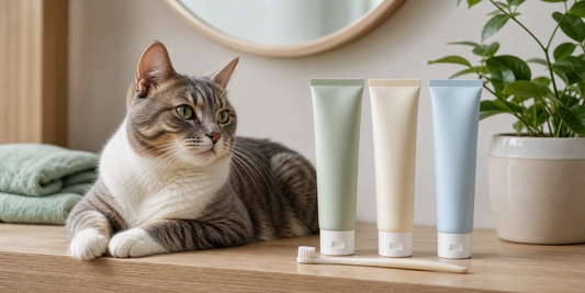 Cat beside plain pet toothpaste tubes and a soft pet toothbrush
