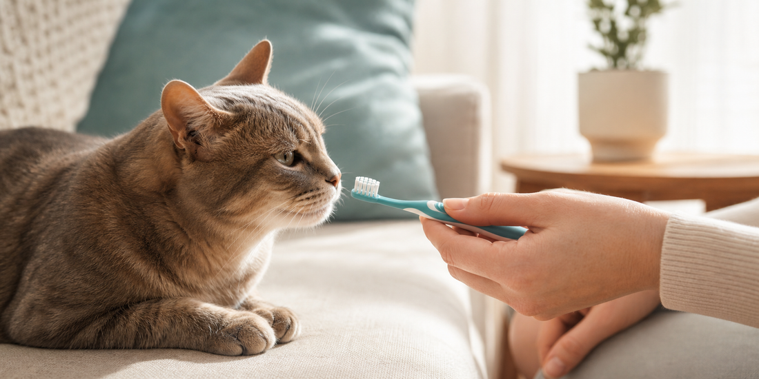 Relaxed cat being introduced to a soft pet toothbrush before brushing