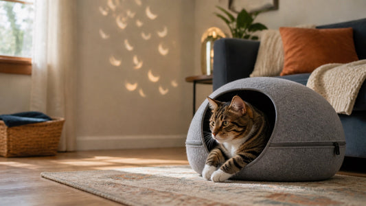 Indoor tabby cat resting in a felt cat cave while crescent-shaped eclipse shadows fall on a wall
