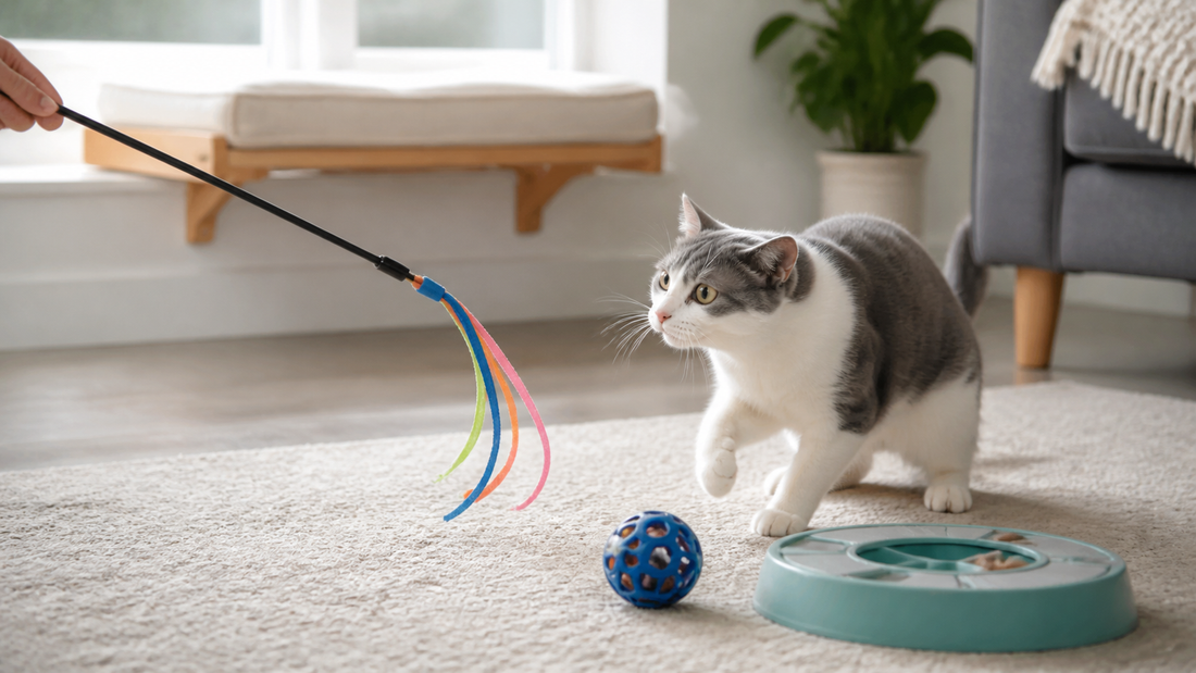A deaf cat watching a wand toy during supervised indoor play