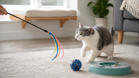 A deaf cat watching a wand toy during supervised indoor play