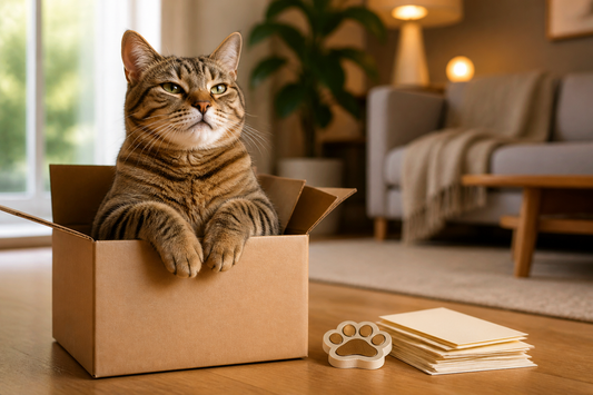 Tabby cat sitting proudly in a cardboard box beside blank papers, illustrating the playful cuteness tax