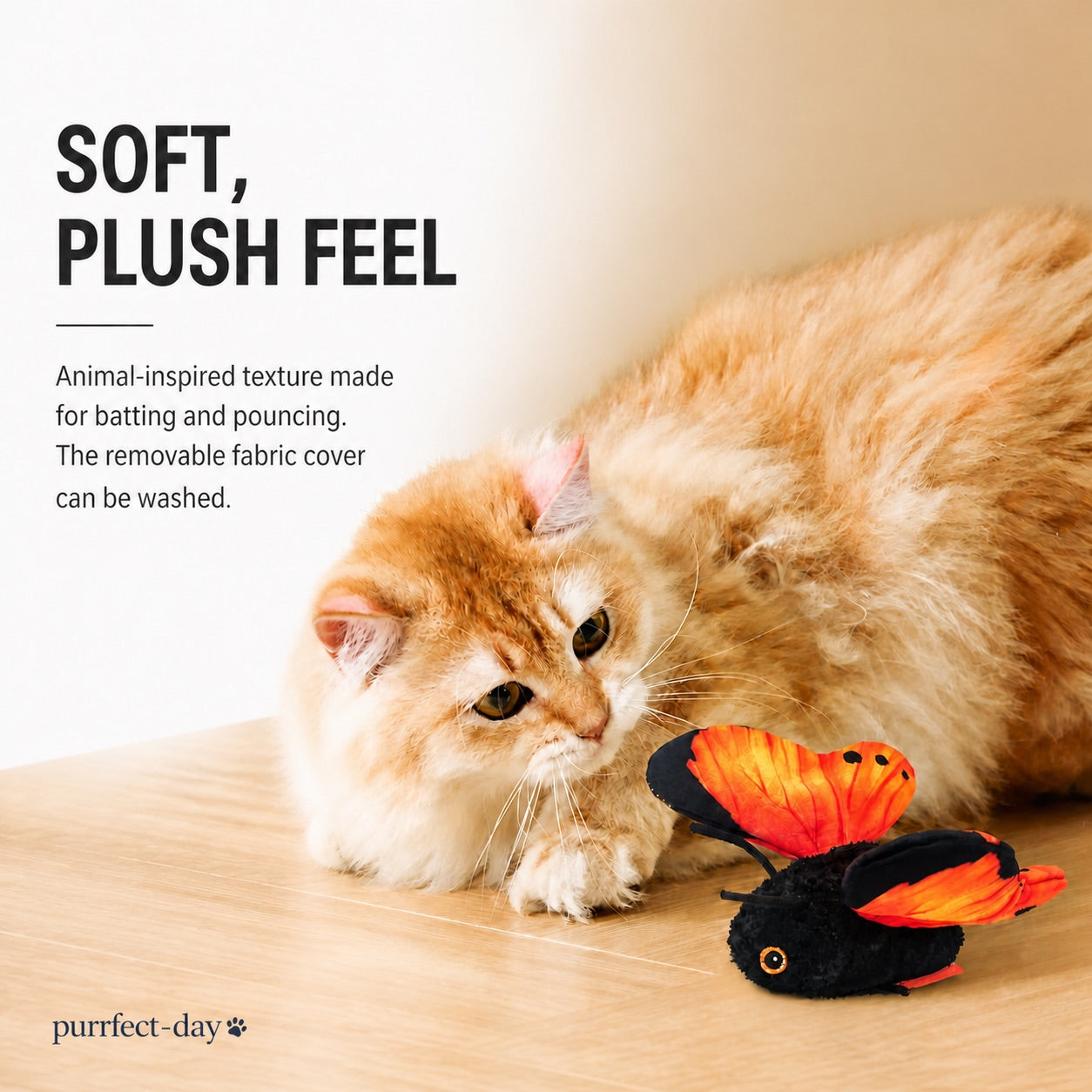 Soft plush body of the FlutterBloom butterfly cat toy