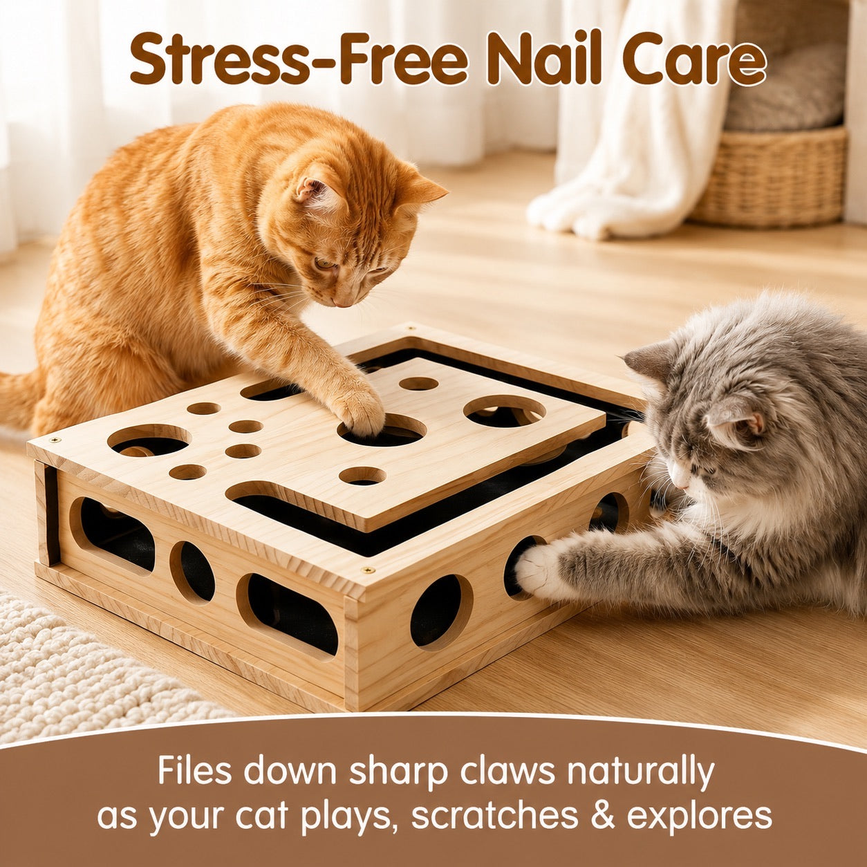Two cats play with the ClawEase wooden nail filing puzzle box