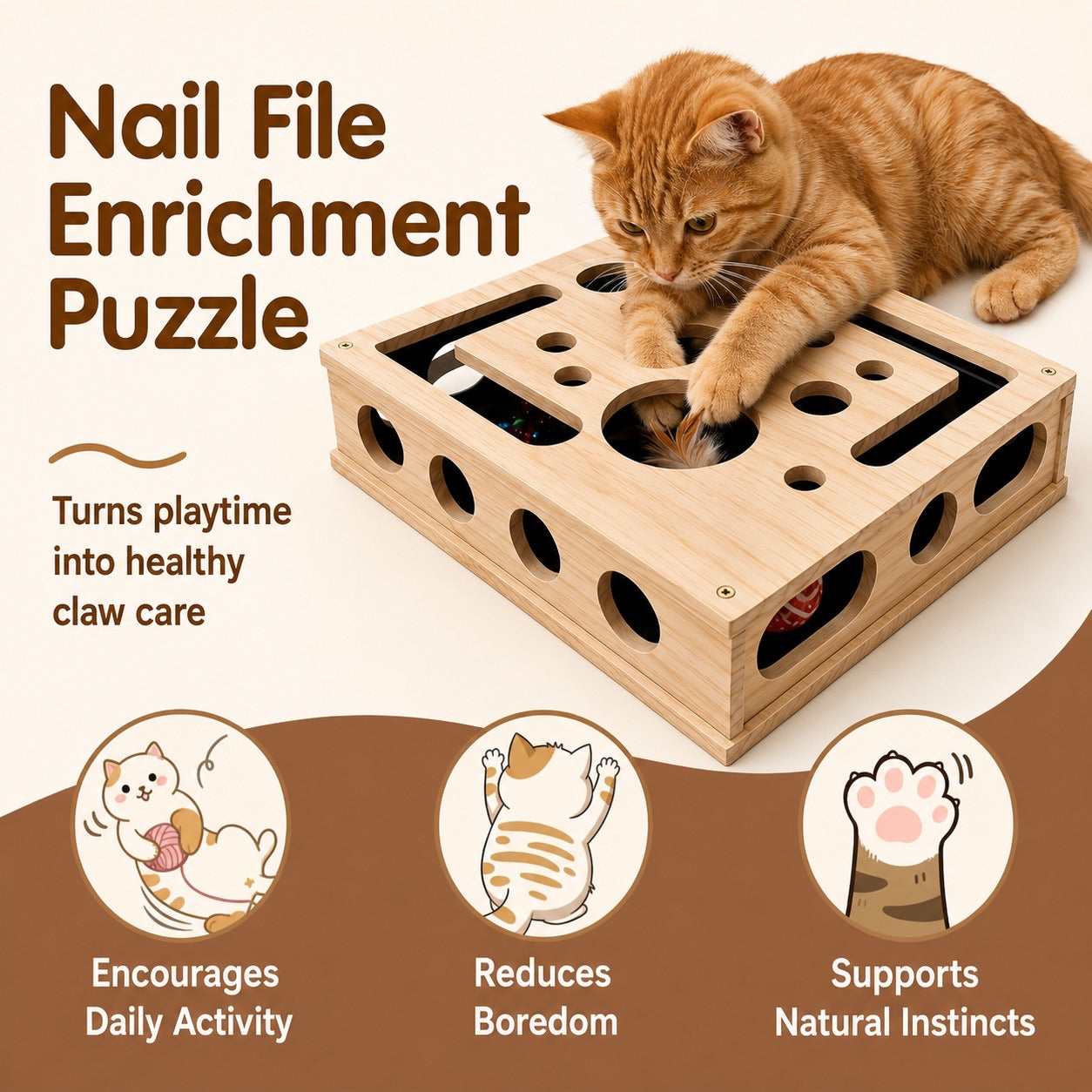 Orange cat reaches into the ClawEase nail file enrichment puzzle