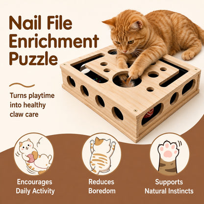 Orange cat reaches into the ClawEase nail file enrichment puzzle