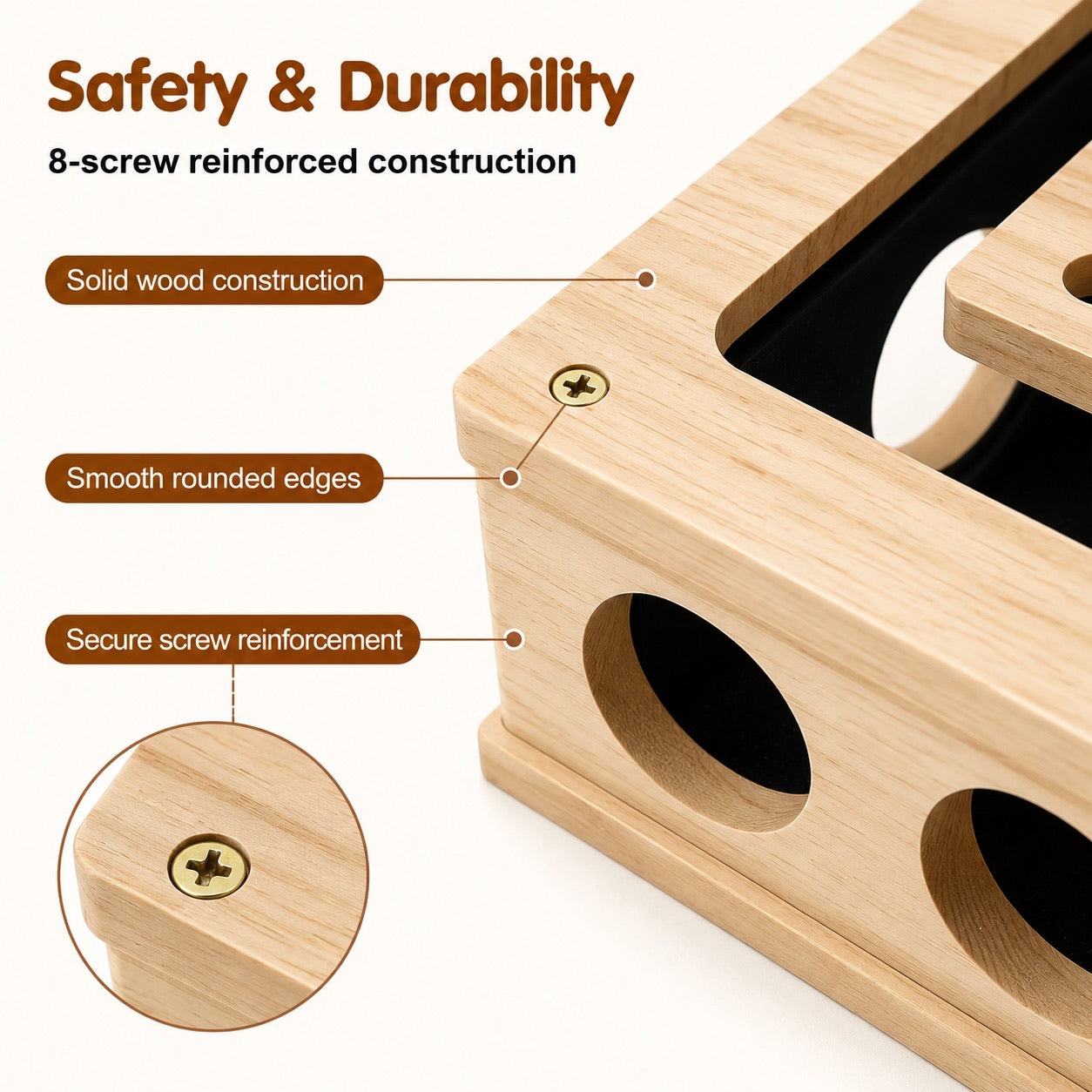 Close-up of the ClawEase solid wood box with rounded edges and reinforced screws