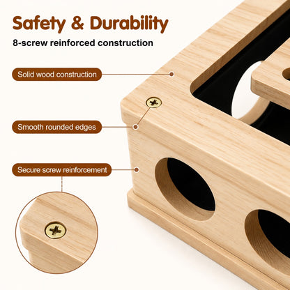 Close-up of the ClawEase solid wood box with rounded edges and reinforced screws
