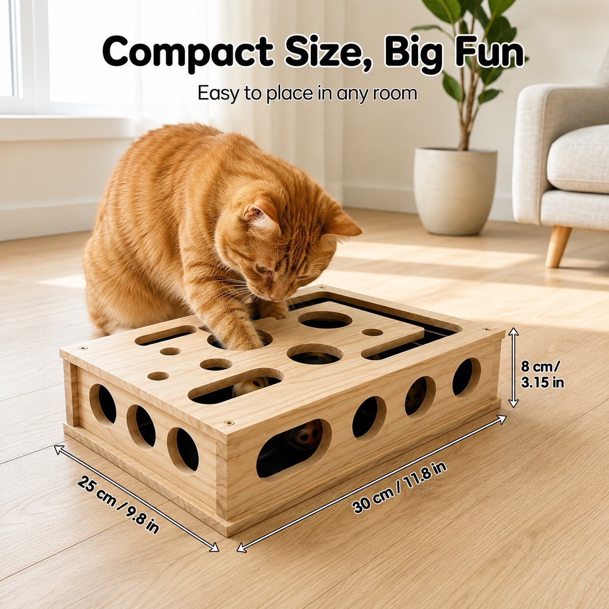 Orange cat using the compact ClawEase puzzle box, 30 by 25 by 8 centimeters