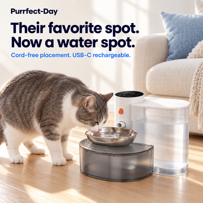 Cat drinking from the cord-free, USB-C rechargeable Aqua Bot 2.0 in a living room