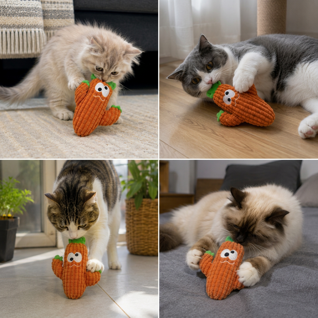 Cats playing with a cactus-shaped plush catnip kicker toy