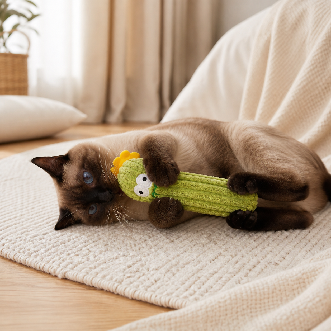 Cat holding an orange cactus-shaped catnip kicker toy