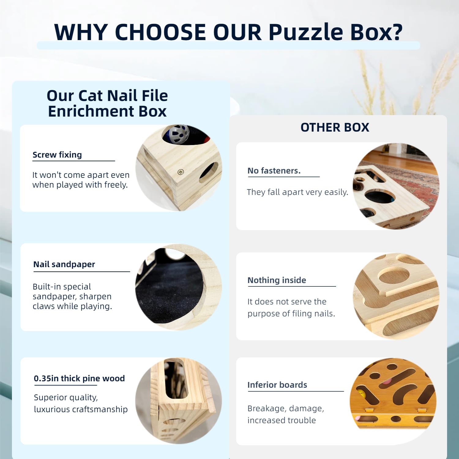 ClawEase nail filing enrichment box comparison showing screw-fixed wood construction