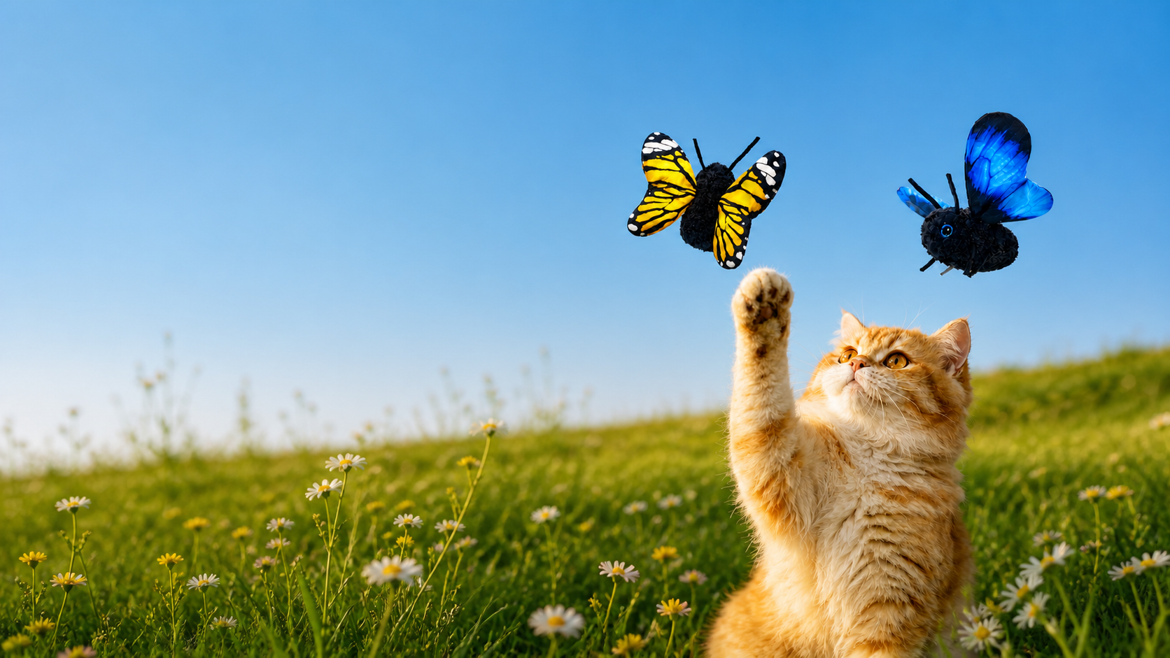 Ginger cat reaching for yellow and blue FlutterBloom flapping butterfly toys in a sunny meadow