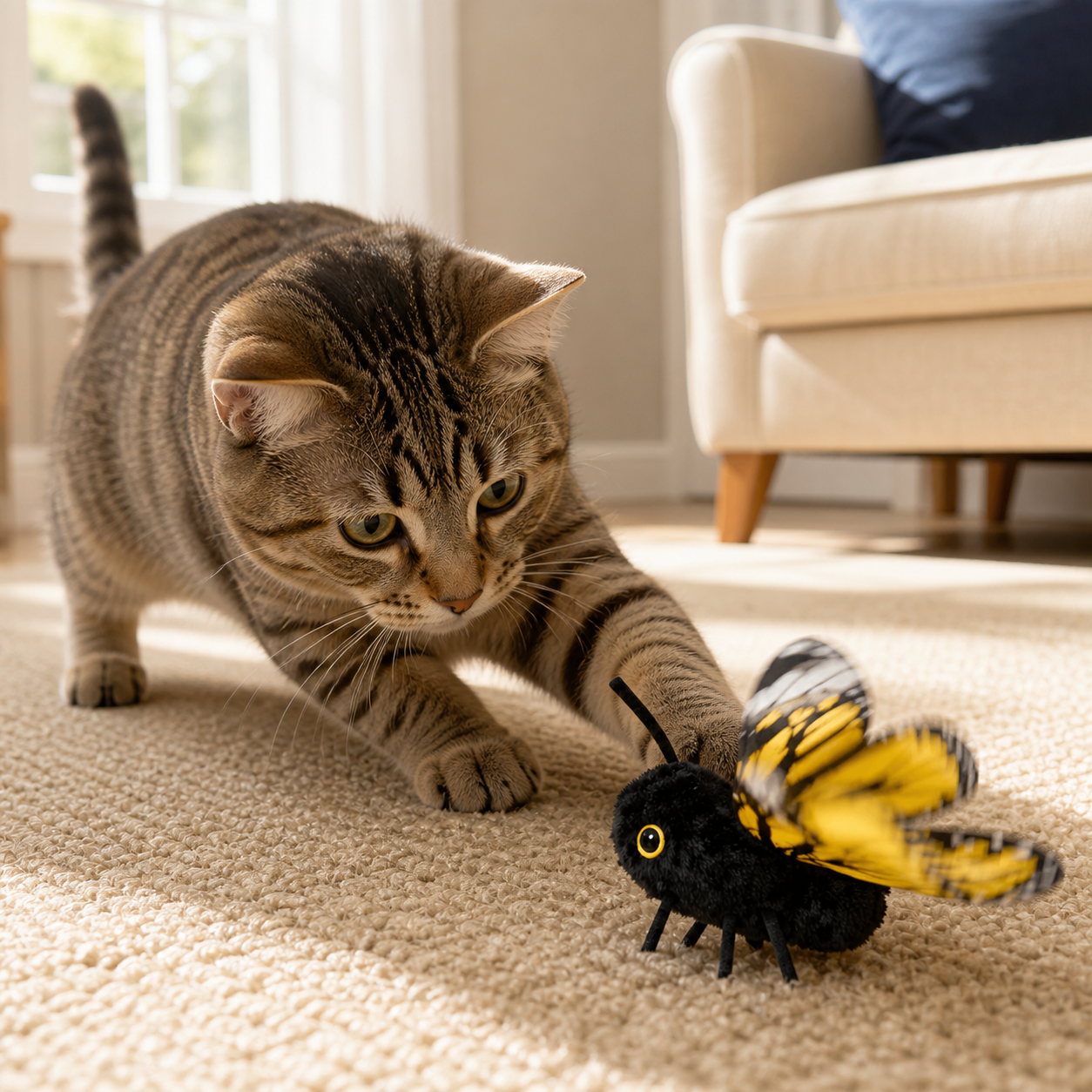 Tabby cat reaching for the black plush FlutterBloom flapping butterfly toy