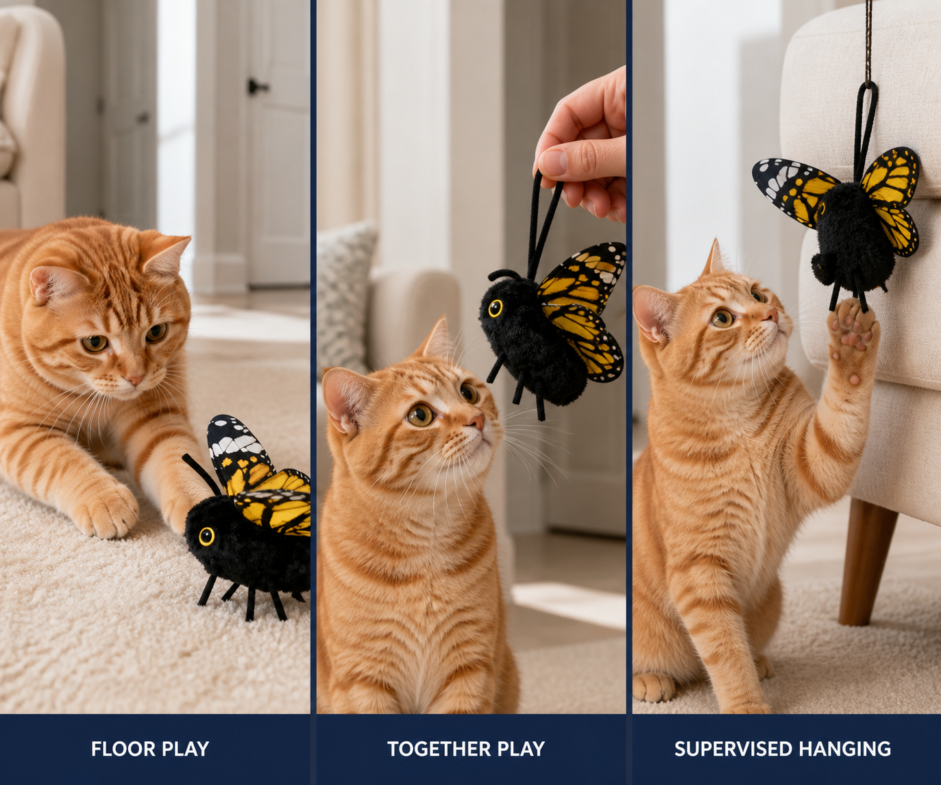 FlutterBloom black plush butterfly toy shown in floor, together and supervised hanging play