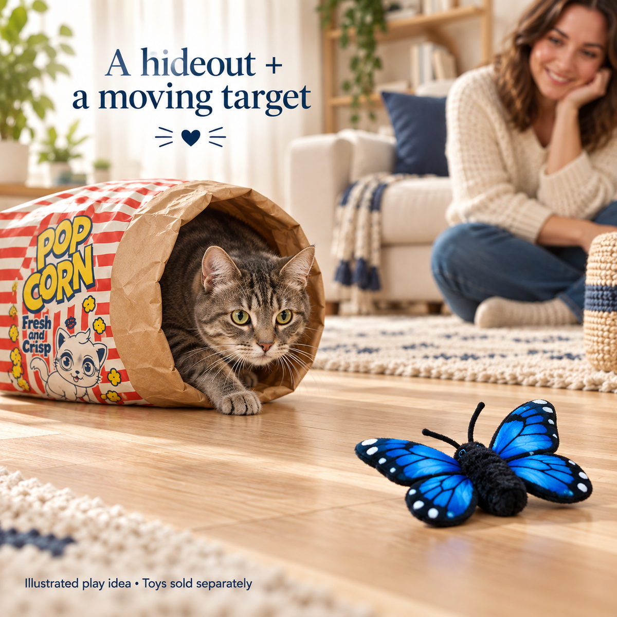 Illustrated supervised CrinkleCove and FlutterBloom play setup with the butterfly outside the entrance