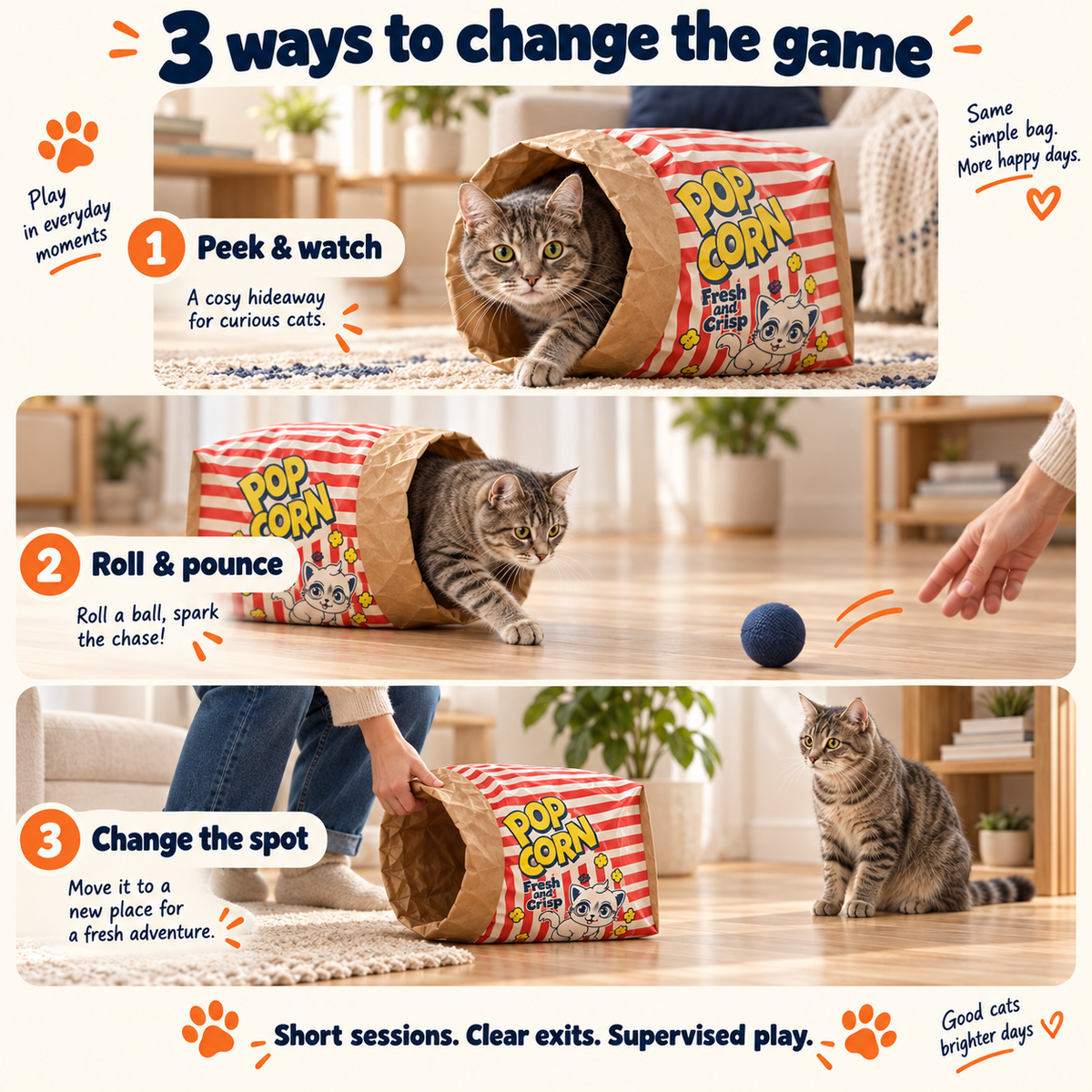 Three illustrated CrinkleCove play ideas: peek and watch, roll and pounce, change the spot