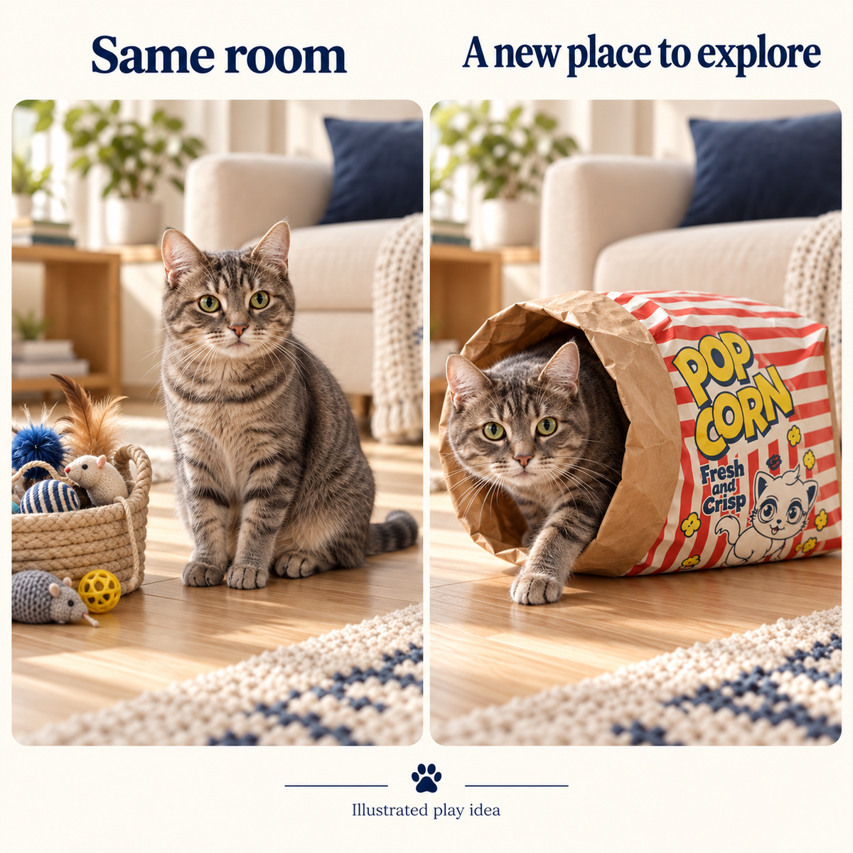 Illustrated comparison of a familiar room and a CrinkleCove play hideout