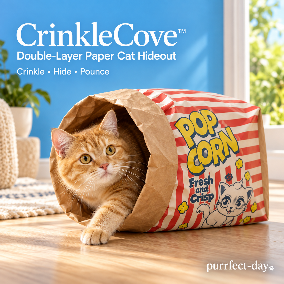 CrinkleCove double-layer paper cat hideout with an orange tabby cat, Purrfect-Day branded hero