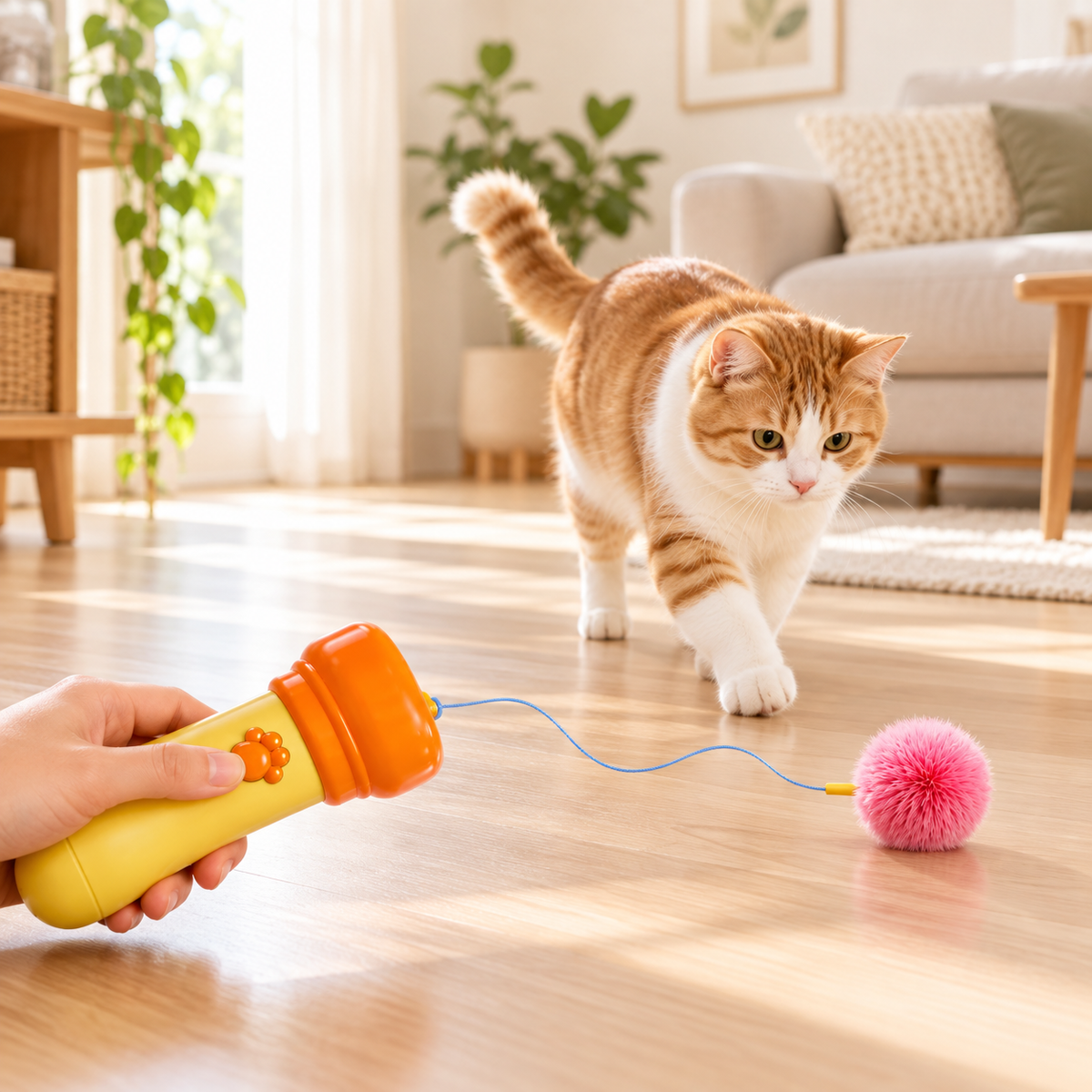 PounceLoop handheld retractable pompom cat toy - chase