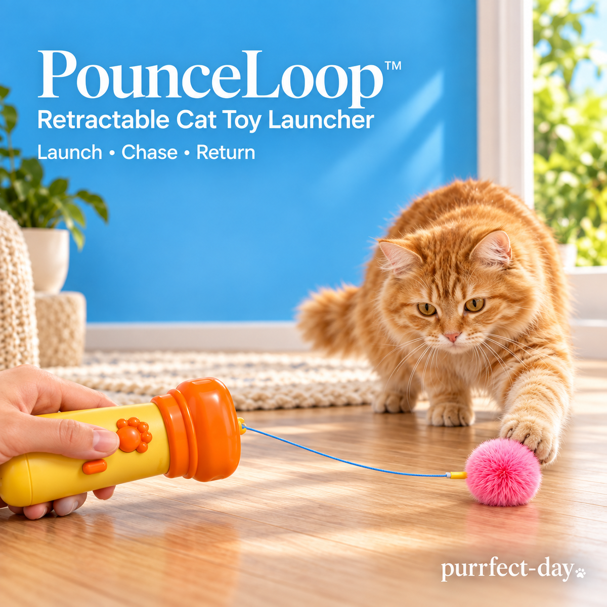 PounceLoop retractable cat toy launcher with connected pink pom-pom and an orange tabby cat, Purrfect-Day branded hero