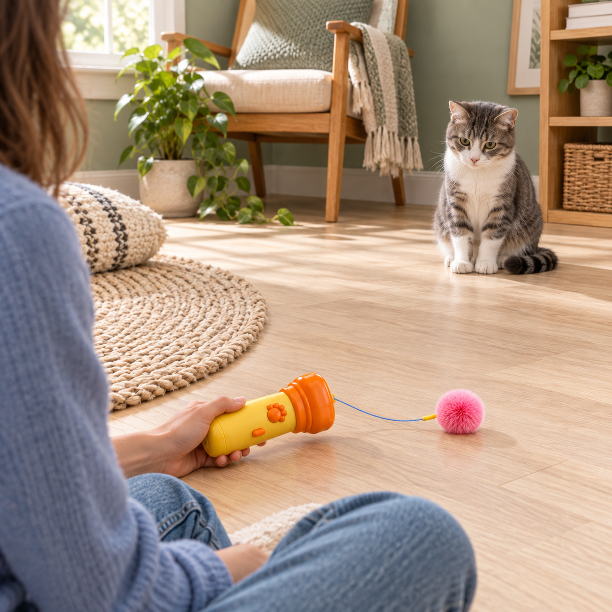 Illustrated cautious cat observing the PounceLoop toy before play