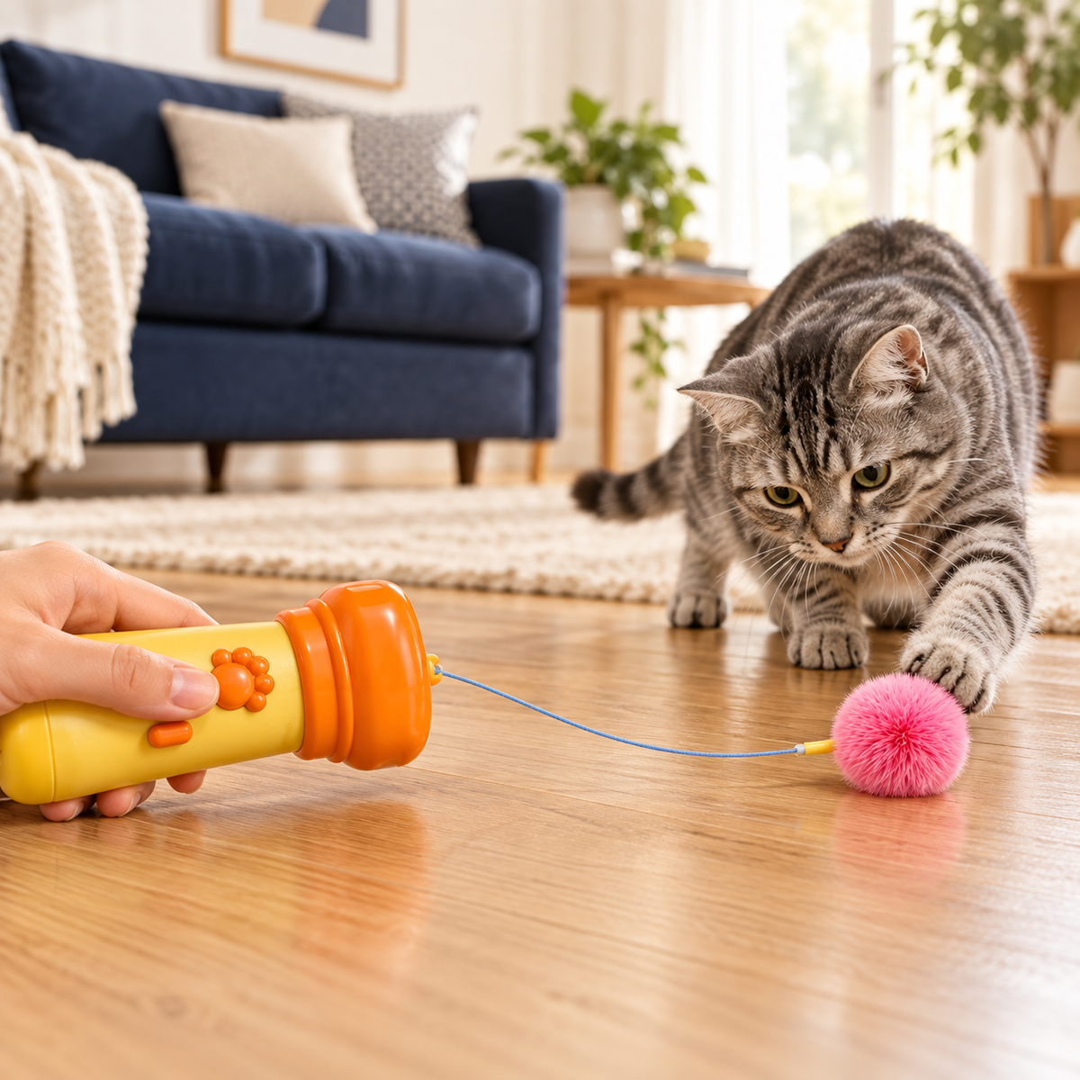 Handheld PounceLoop launcher with tethered pink pompom and tabby cat