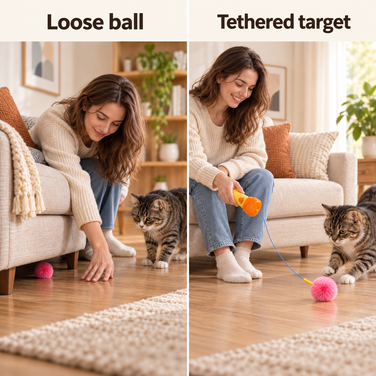 Illustrated loose-ball retrieval and PounceLoop tethered-target comparison
