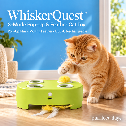 Lime Green WhiskerQuest three-mode pop-up and feather cat toy with an orange tabby cat, Purrfect-Day branded hero