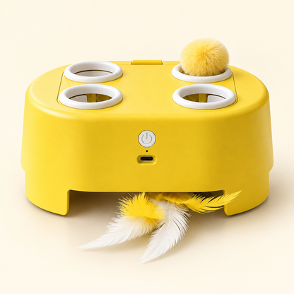 WhiskerQuest 3-mode cat toy — hero yellow