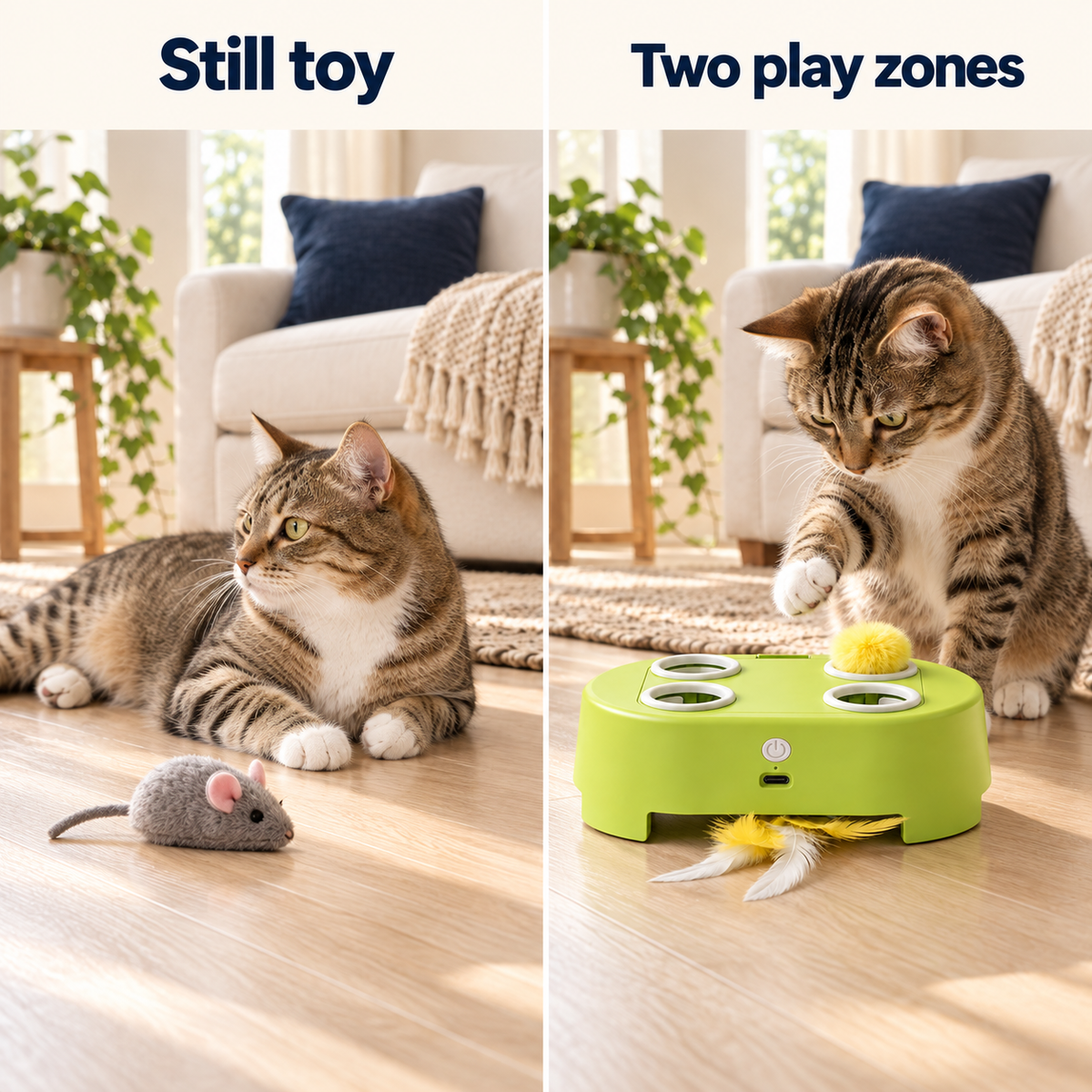 Illustrated comparison of a still plush toy and WhiskerQuest's two play zones