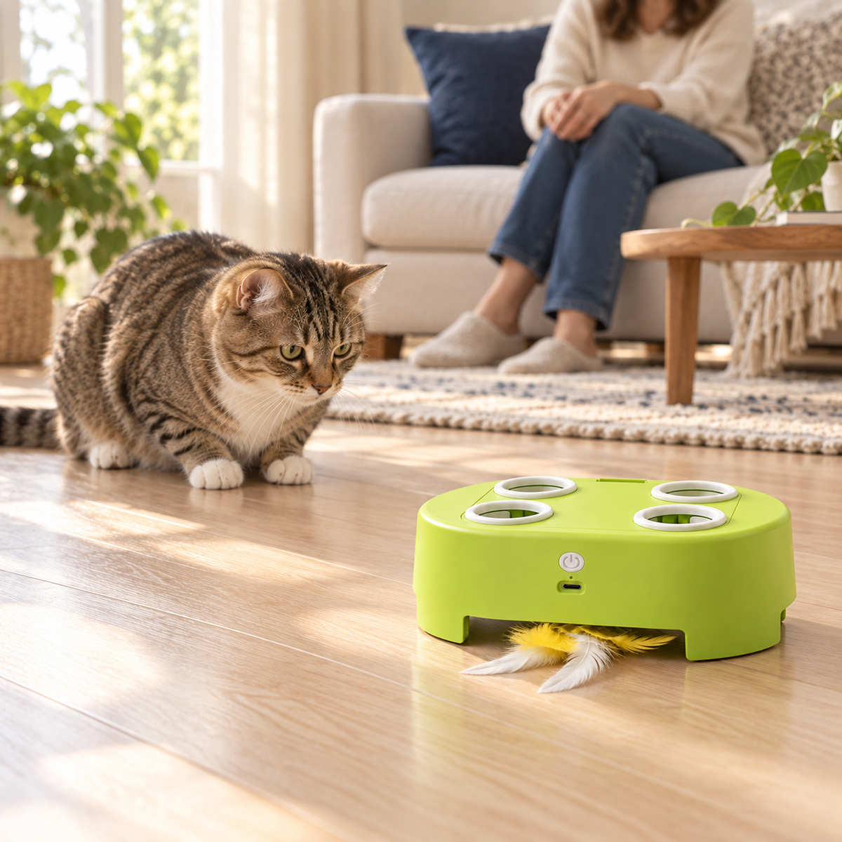 Illustrated cautious cat watching the switched-off WhiskerQuest toy from a distance