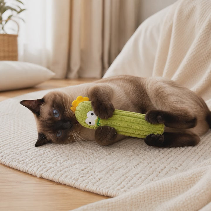 Cat resting beside a cactus-shaped catnip kicker toy