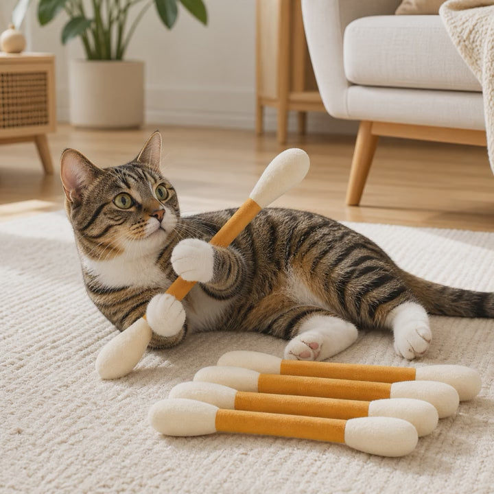 Cat reaching toward PurrSwab catnip kicker toys