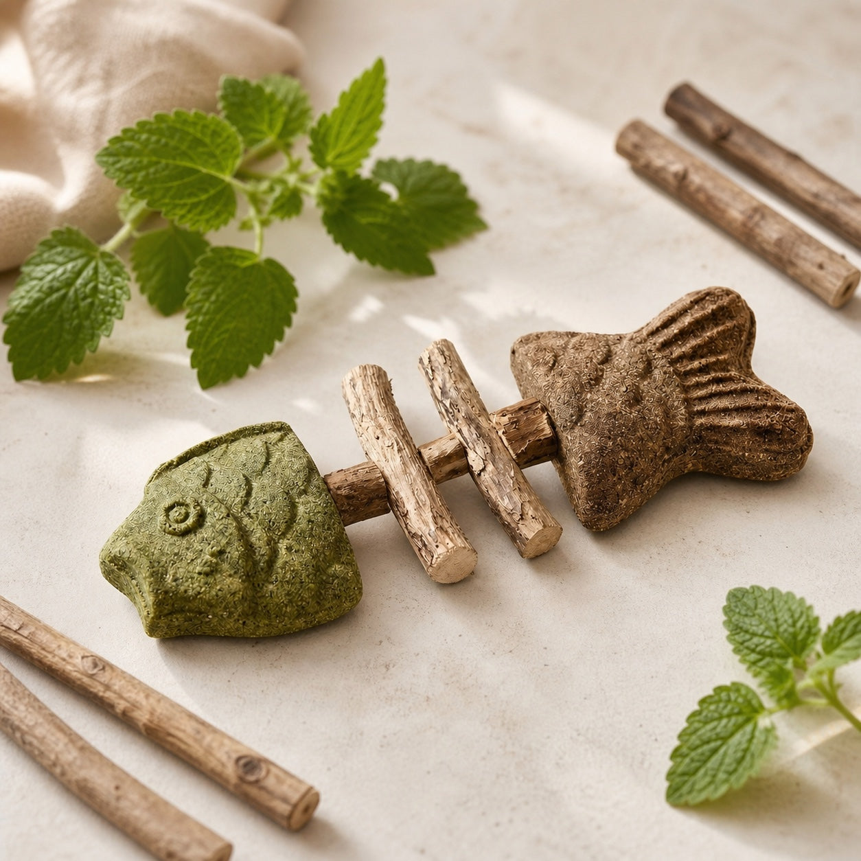 PurrBite catnip, gall fruit and silvervine chew on a natural tabletop