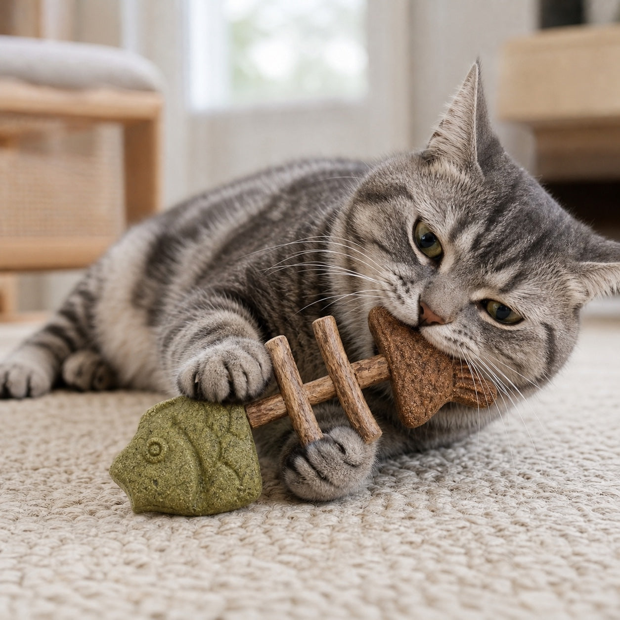 Tabby cat holding and chewing a PurrBite silvervine toy